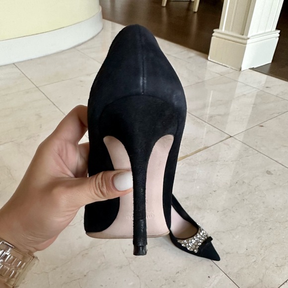 Miu Miu Crystal Rhinestone Embellished Black Suede Pumps Heels 37.5 LIKE NEW - Picture 5 of 8